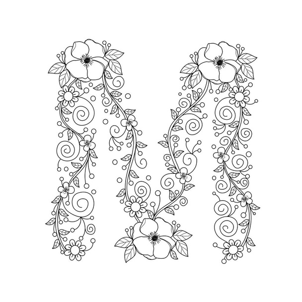 Letra del alfabeto floral M libro para colorear para adultos. vector illustration.Hand dibujado estilo Doodle
. - Vector, imagen