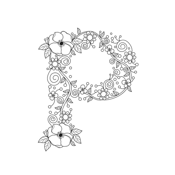 Floral alphabet letter P coloring book for adults. vector illustration.Hand drawn.Doodle style. - Vector, Image