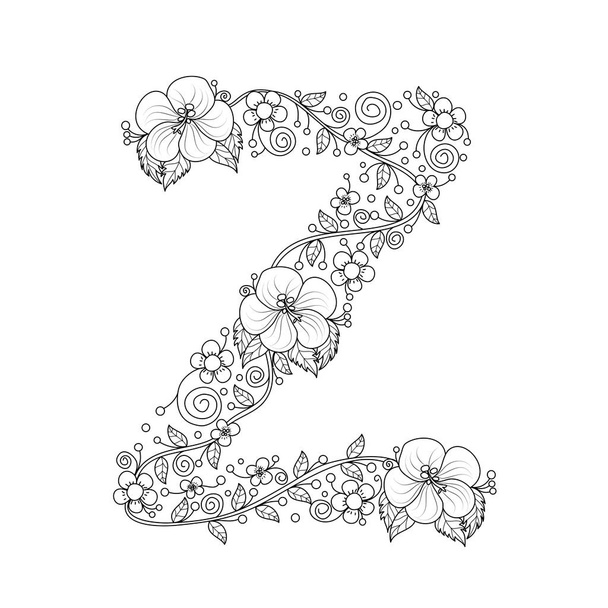 Alfabeto floral letra Z livro de colorir para adultos. ilustração do vetor. Estilo desenhado à mão.Doodle
. - Vetor, Imagem