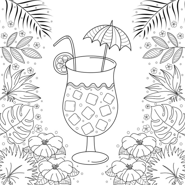 Juice with tropical coloring book for adult. Hand drawn. Vector illustration. Doodle style. - Vector, Image