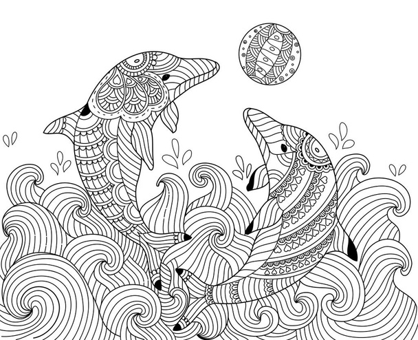 Χρωματισμός βιβλίο ζευγάρι δελφινιών για ενήλικες. doodle στυλ. Vector εικονογράφηση. handdrawn. - Διάνυσμα, εικόνα