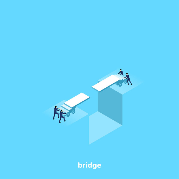 people in business suits try to bridge the gap, isometric image - Vector, Imagen