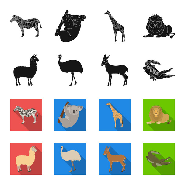 Lama, avestruz emu, antílope joven, cocodrilo animal. Animal salvaje, pájaro, reptil conjunto colección iconos en negro, flet estilo vector símbolo stock ilustración web
. - Vector, Imagen