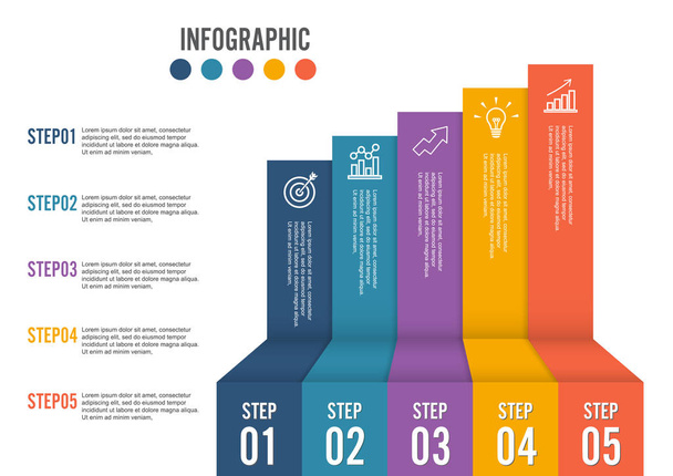 Інфографіка зростання бізнесу 5 кроків варіант. Шаблон для презентації та компонування робочого процесу. Абстрактний фон
 - Вектор, зображення