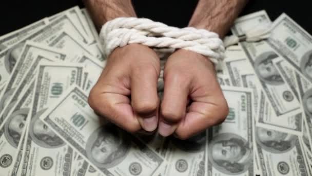 Dollars and tied hands are men. Concept of financial independence. - Footage, Video