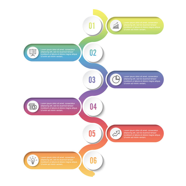 Template Timeline Infográfico colorido horizontal numerado para seis posições pode ser usado para fluxo de trabalho, banner, diagrama, web design, gráfico de área - Vetor, Imagem
