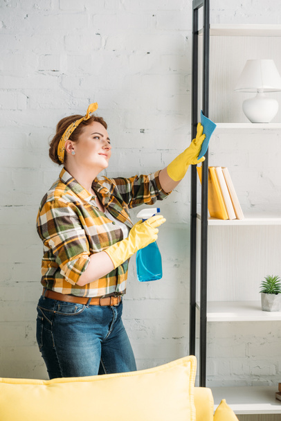 beautiful woman dusting shelves at home - Photo, Image