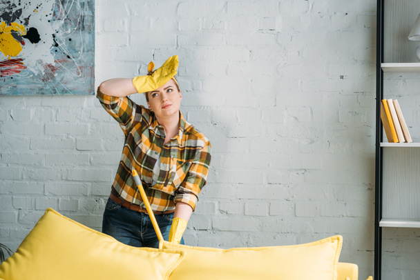 tired woman cleaning apartment with mop - Photo, Image