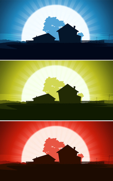 Set Of Ranch House In Wild Country Landscape - Vector, Image