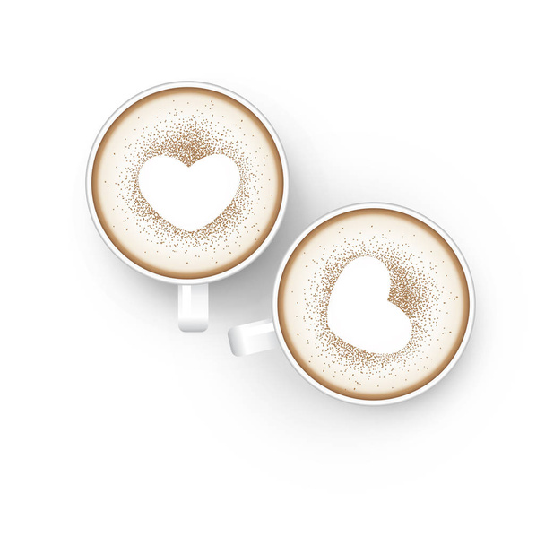 Vista superior de café cremoso decorado con espolvorear cacao o canela en polvo como forma de corazón en tazas de café blanco sobre fondo blanco. Ilustración vectorial
. - Vector, Imagen