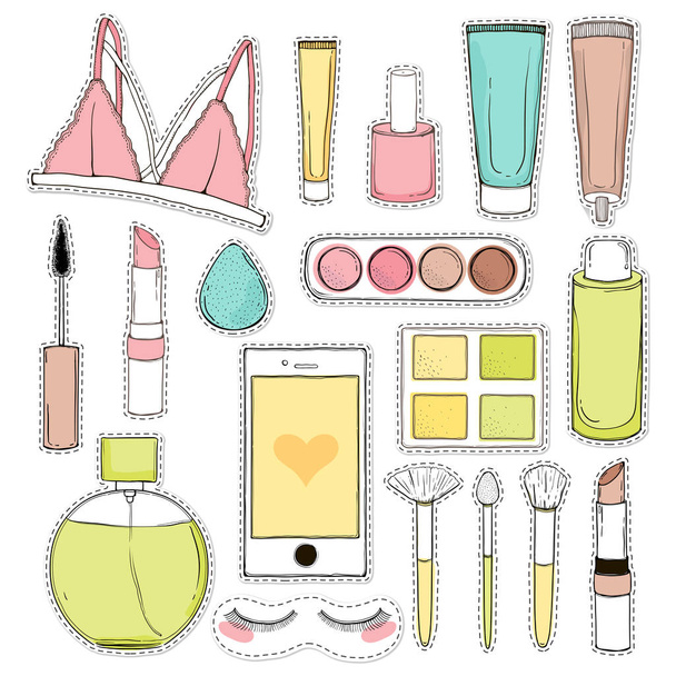 Cosmetica vector sticker mode achtergrond met make-up artiest objecten. Hand loting illustratie. - Vector, afbeelding