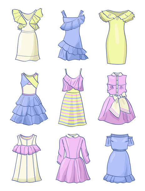 Conjunto de lindos vestidos cortos de verano, en estilo Baby doll, aislados sobre fondo blanco
 - Vector, imagen