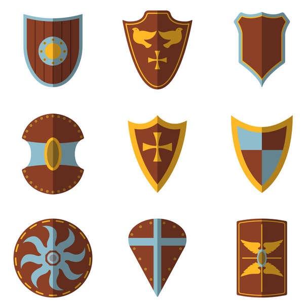 Set aus mittelalterlichem Schild und Waffensymbol und Etikett. flachen Stil. Vektor Illustration Logo - Vektor, Bild