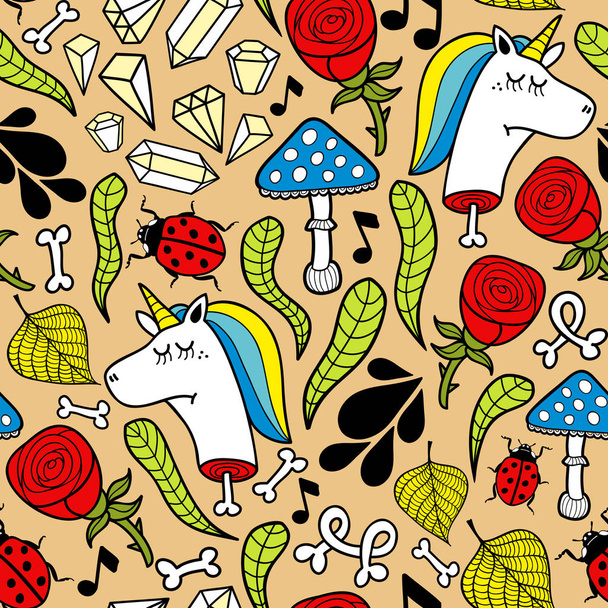 Seamless background with heads of unicorn and autumn plants. Vector endless illustration. - Vektori, kuva