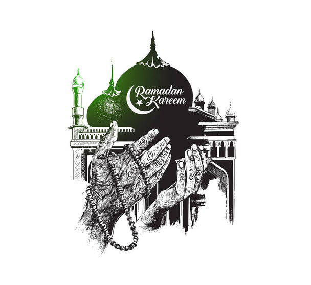 Ραμαζάνι Kareem Τζαμί ή Masjid με προσευχή τα χέρια με Ροζάριο.  - Διάνυσμα, εικόνα