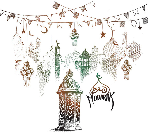 Eid Mubarak fondo con hermosa lámpara árabe iluminada un
 - Vector, Imagen