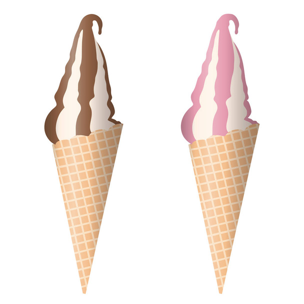 Set of vector illustrations of chocolate, strawberry and vanilla ice cream in cone, isolated on white background - Vector, Image