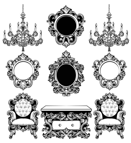 Baroque furniture rich set collection Vector. Intricate carved ornaments. Chandelier, mirror, chair and side table. Line art decors - Vector, Image