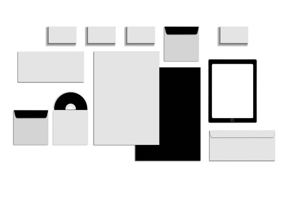 schwarz-weiß-graue Farbattrappe von Schreibwaren, eine Vorlage zur Markenidentifikation auf weißem Hintergrund. Umschläge, Papierbögen - Foto, Bild