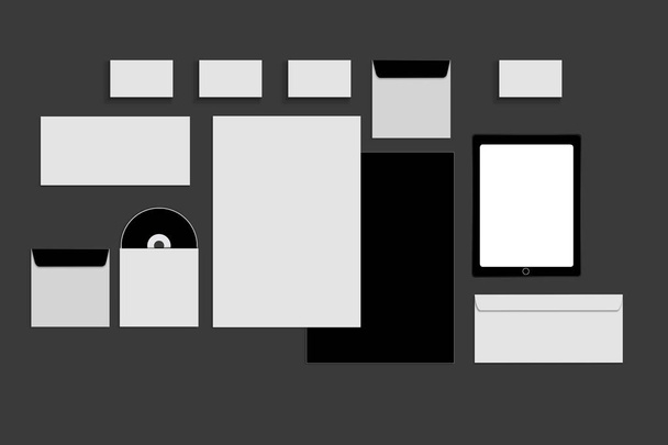 Una maqueta de papelería de color blanco y gris negro, una plantilla para la identificación de la marca sobre un fondo gris. Sobres, hojas de papel
 - Foto, Imagen