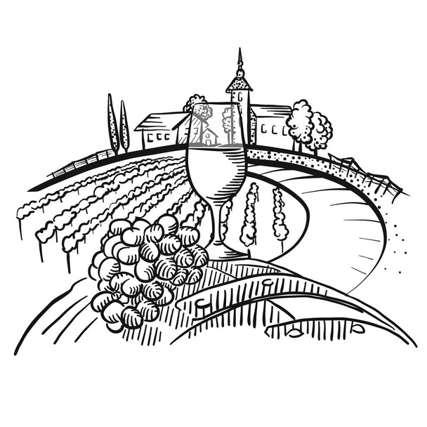 Вино на бочці і виноградник ландшафт
 - Вектор, зображення