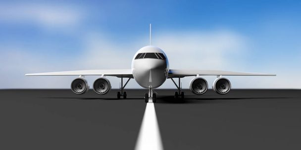 Самолет на взлетно-посадочной полосе аэропорта, голубое небо, вид спереди. 3d иллюстрация
 - Фото, изображение