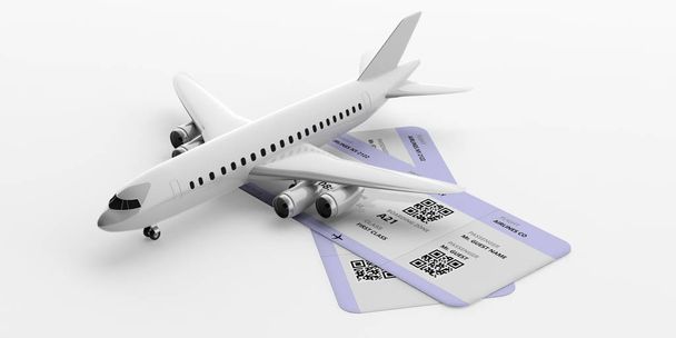 Airplane and boarding pass isolated on white background. 3d illustration - Photo, Image