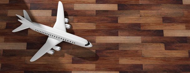 Flugzeug auf Holzboden-Hintergrund, Draufsicht, Kopierraum. 3D-Illustration - Foto, Bild