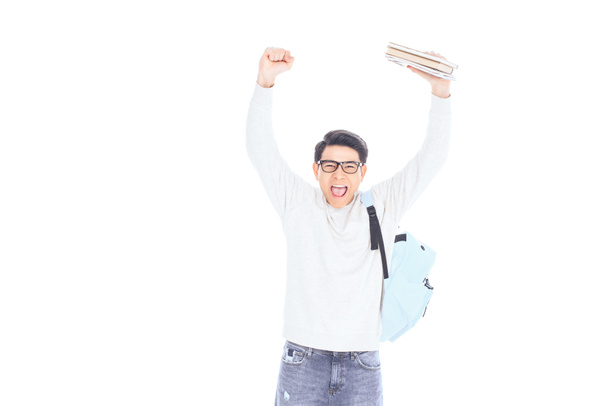 retrato de feliz asiático estudante com notebooks isolado no branco
 - Foto, Imagem