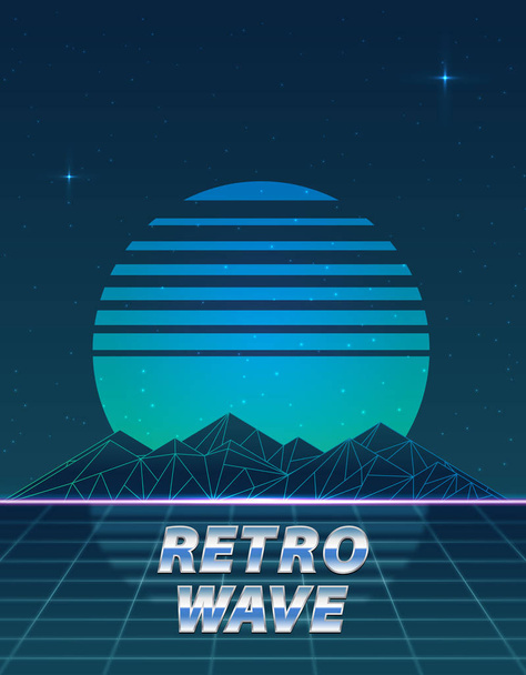 Retro wave 80s style background with moon and mountains - Вектор,изображение
