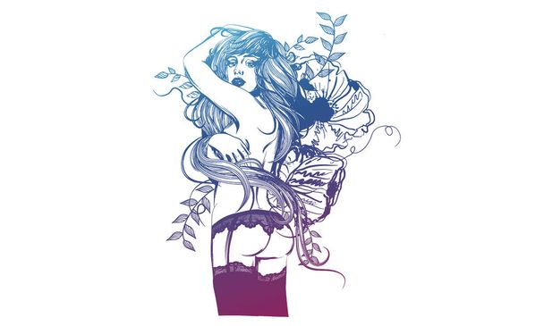 beautiful girl is standing with her back around flowers - Vector, imagen