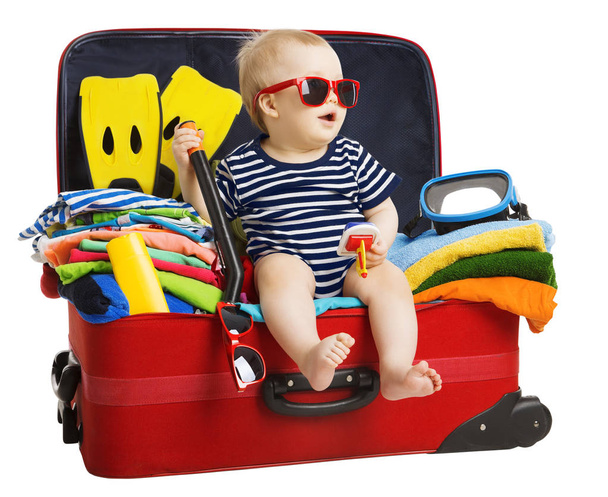 Baby Travel Suitcase, Child Sitting in Traveling Bag, Kid inside Vacation Baggage - Foto, Bild