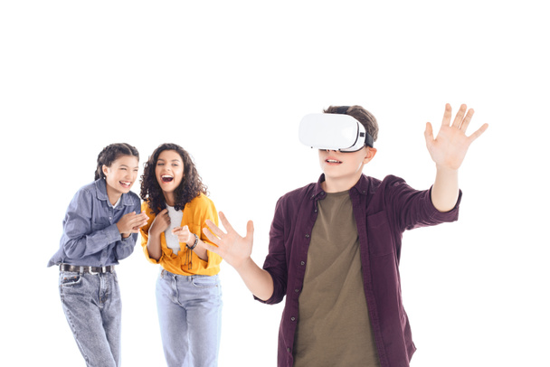 laughing teenage students having fun with vr headset isolated on white - Φωτογραφία, εικόνα
