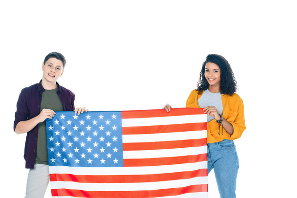 happy teenage students with usa flag isolated on white - Photo, Image