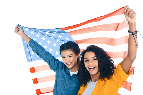 adolescentes étudiantes avec drapeau des Etats-Unis isolé sur blanc
 - Photo, image