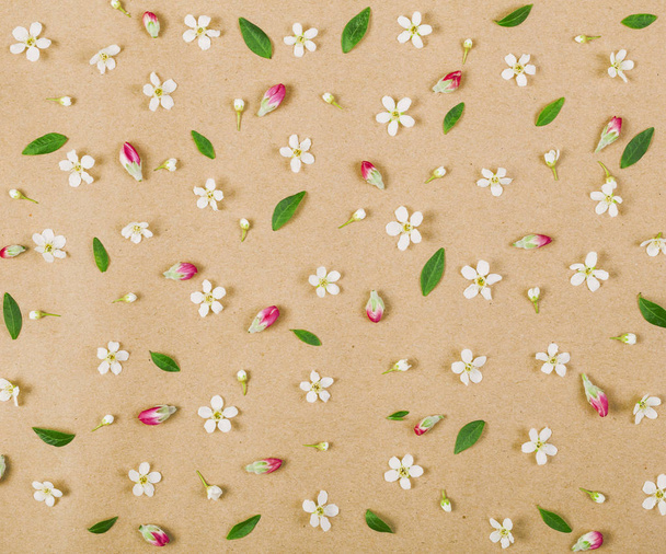 Motif floral composé de fleurs blanches printanières, de feuilles vertes et de bourgeons roses sur fond de papier brun. Pose plate. Vue du dessus
. - Photo, image