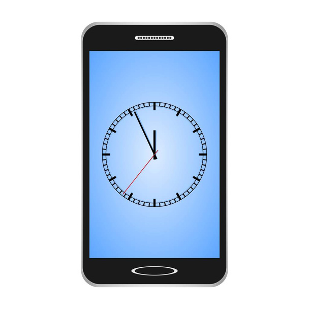 Μαύρο ανάβουν smartphones με μπλε οθόνη με μια οθόνη αφής με ρολόι τοίχου με μια σύνδεση μέσω τηλεφώνου και ένα μαύρο ορθογώνιο μαύρων κύκλων με μαύρο χέρια και ένα κόκκινο δεύτερο χέρι σε λευκό φόντο. - Διάνυσμα, εικόνα