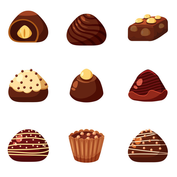 Set of colorful chocolate desserts and candies from boxes for special holidays, vector, isolated - Vektör, Görsel