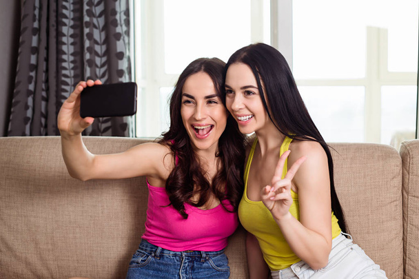 Selfie photo of best friends. Two cool beautiful sisters doing photos on smartphones at home on the couch - Foto, afbeelding
