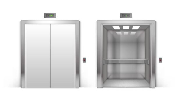 Векторный реалистичный открытый и закрытый Chrome металлический офис здания лифта Двери изолированы на заднем плане
 - Вектор,изображение