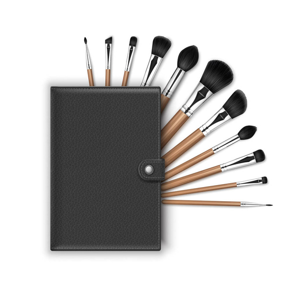 Set vettoriale di pennelli per sopracciglia Blush Eye Shadow con manici in legno e custodia in pelle nera isolata su sfondo bianco
 - Vettoriali, immagini
