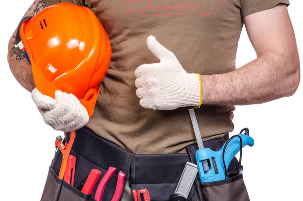 Construction belt on a man tool belt builder - Фото, изображение