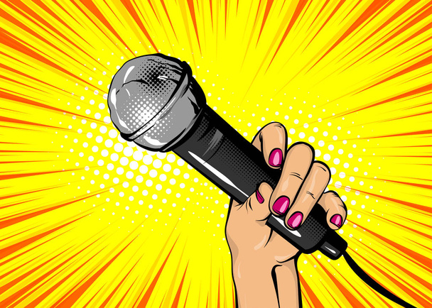 Mulher pop arte mão segurar microfone
 - Vetor, Imagem