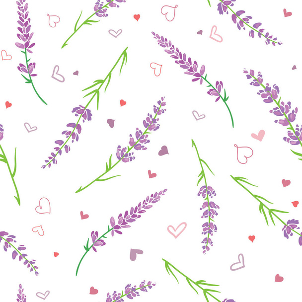 Lavender flowers and hearts seamless pattern. - Vektör, Görsel