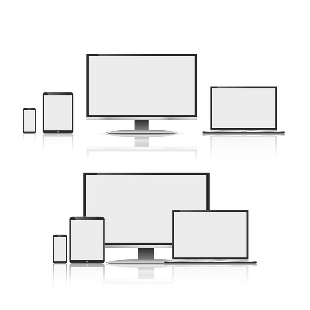 Zestaw realistycznych monitorów komputerowych, laptopów, tabletów i telefonów komórkowych. Elektroniczne gadżety izolowane na białym tle - Wektor, obraz