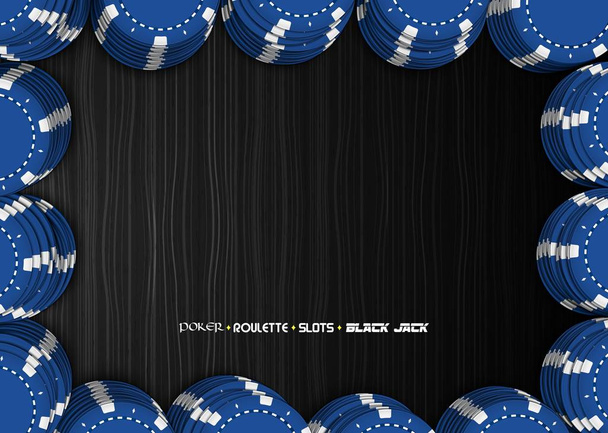 Casino-Chips auf schwarzem Hintergrund. Ansicht von oben auf Blue Stacks Casino-Chips - Vektor, Bild