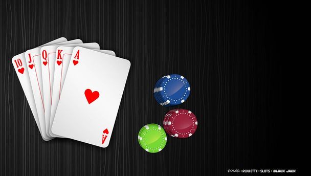 Покерные карты с разноцветными фишками на темном фоне
 - Вектор,изображение