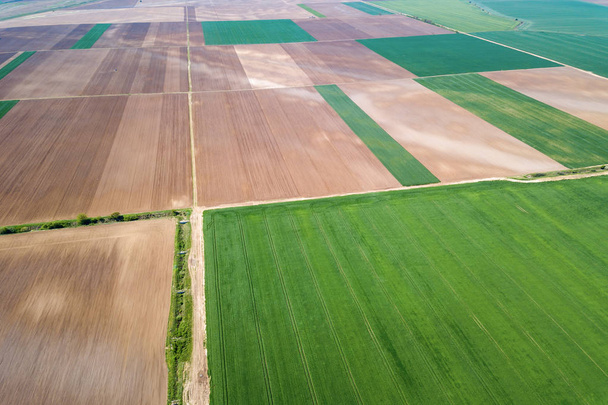 Spring Fields. Aerial view of agricultural fields. - 写真・画像