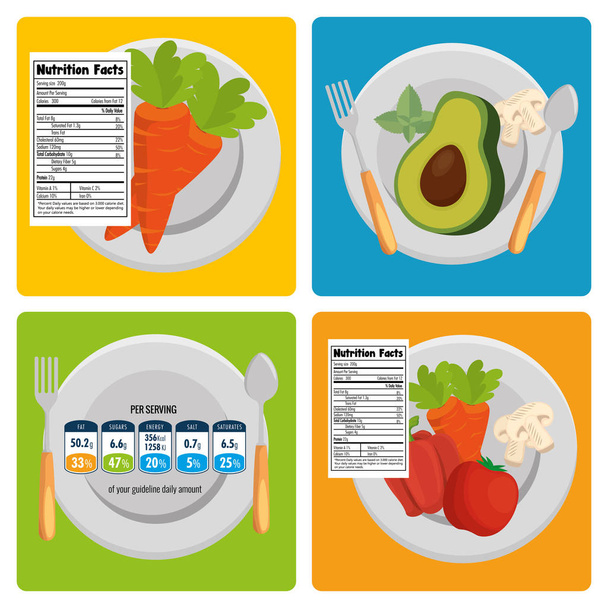 grupo de frutas y verduras con información nutricional
 - Vector, imagen