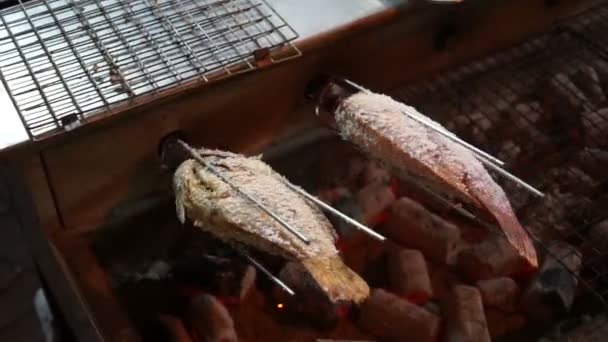 Gezouten gegrilde vis rollend met houtskool kachel met vlam - Video